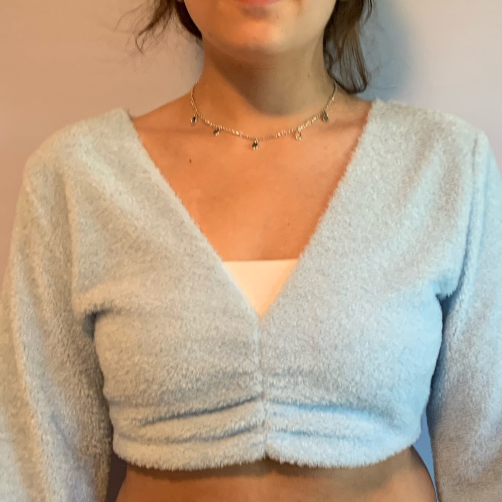 Fuzzy blue long sleeve crop top